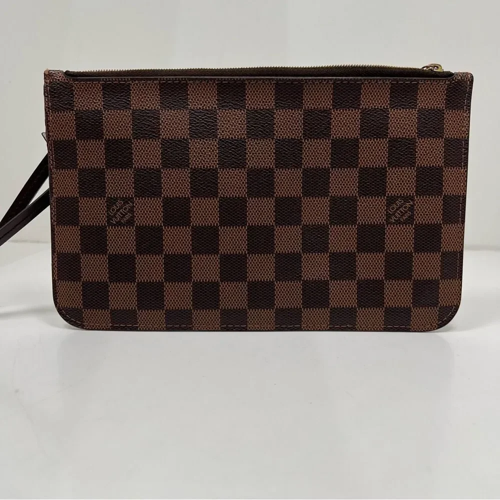 Louis Vuitton Damier Ebene Neverfull Pouch, Women's Brown Wristlet Clutch Wallet